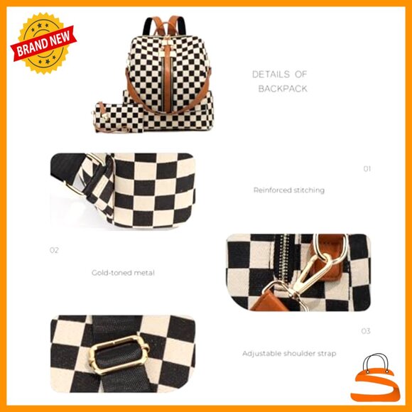 Checkered Canvas Backpack Purse for Women with Multiple Pockets Travel Daypack main image 4